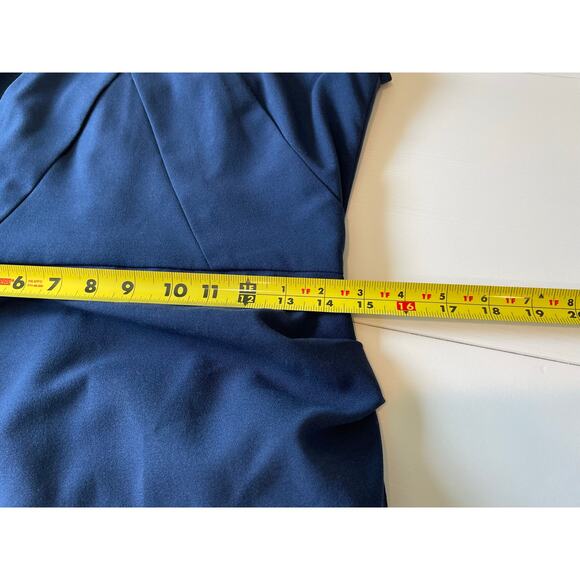 BCBGMaxAzria Joana Sheath Dress Sz 8 Navy Pleated Ruched Cap Sleeves Square Neck - Picture 9 of 10